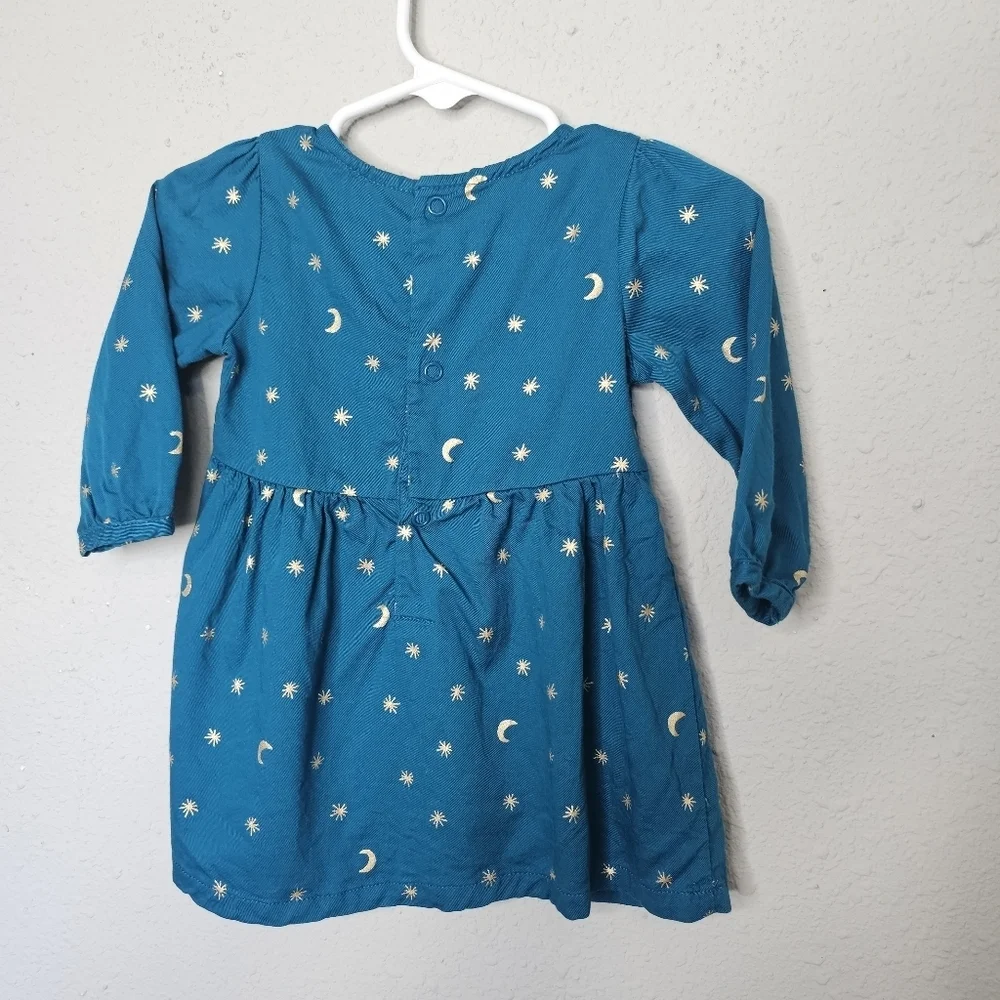 Carter's Dress Baby Girl 6m‎ Blue Gold Stars Moon Celestial Long Sleeve Holiday